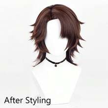 Synthetische kurze gerade braune Perücke mit Mittelscheitel, Anime-Spiel-Cosplay, flauschige Perücke hitzebeständig für tägliche Partys - Braun - Übersicht 3