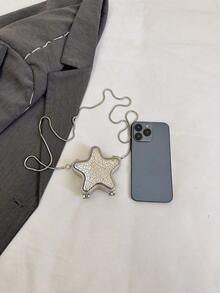 1个新款迷你金属小包，电镀银色零钱包，闪亮未来主义金属五角星手提包，星形链条斜挎包，不对称手提包，配件包，优雅零钱包，耳机盒，婚礼 - 銀色 - 查看 8