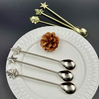 3pcs High-Quality Star Leaf Long Handle Spoons, Retro Metal Latte Spoons Fit Tall Glasses, Elegant Christmas Cocktail Stirrers, Ins-Style Home & Cafe, Professional Bartender Barware Set