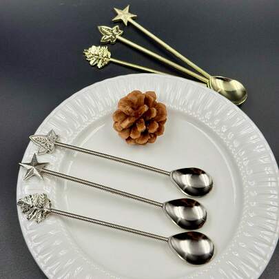 3 piezas de cucharas largas de alta calidad con diseño de hoja de estrella, cucharillas de metal retro para latte que se ajustan a vasos altos, elegantes agitadores de cócteles navideños, estilo Ins para el hogar y la cafetería, set profesional de utensilios de bar para bartender