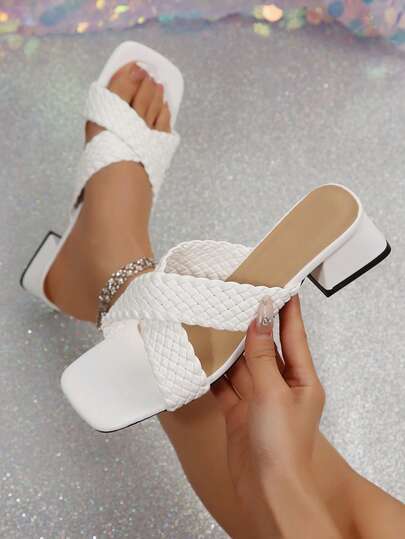 Sandalias vintage de tacón grueso con diseño cruzado tejido, versátiles, de punta abierta, elegantes, retro, casuales y minimalistas, adecuadas para citas, ir al trabajo y viajes