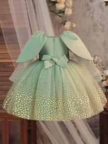 Young Girls' Square Neck Long Sleeve Foil Mesh Satin Elegant Ball Gown Dress, Suitable For Formal Dinner, Runway, Evening Party, Excluding Headband - Green - View 4