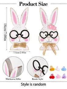 两件套复活节木制兔子装饰摆件，每只兔子都戴着时尚眼镜。采用耐用优质木材制成，表面涂层持久亮丽。适用于节日装饰、复活节装饰、壁炉架摆件、桌面摆件、复活节彩蛋游戏和春季家居装饰。 - 彩色 - 查看 8