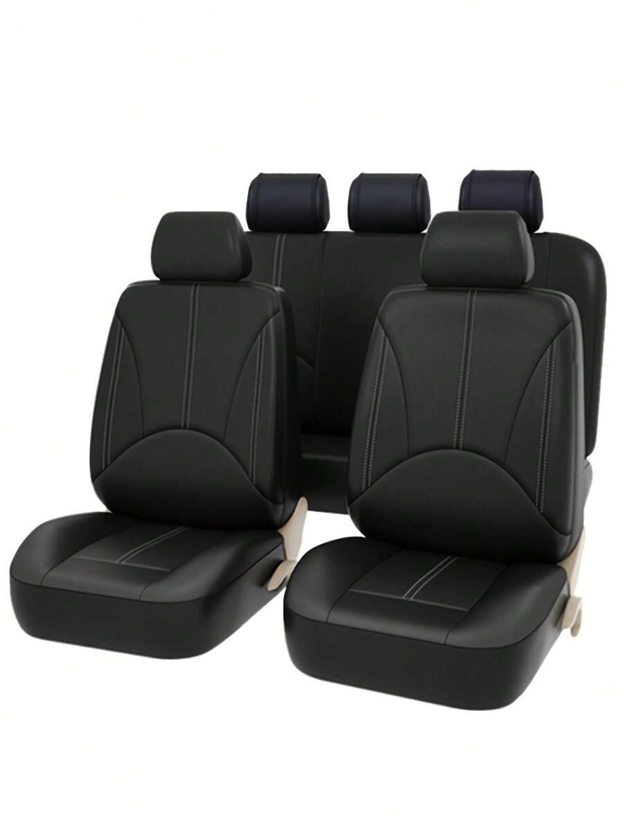 4/9pcs Real Leather Car Seat Covers, Waterproof Seat Protectors, Breathable Seat Covers, Universal Fit For Most Sedans, SUVs, Trucks, Luxury Ventilated Front Seat Covers With Lumbar Support, Rear Seat Covers. 9pcs Set Includes: 2 Front Seat Covers, 1 Backrest Cover, 1 Rear Seat Cover, 5 Headrest Covers. 4pcs Set Includes: 2 Front Seat Covers, 2 Headrest Covers. - A款式 - 查看 1