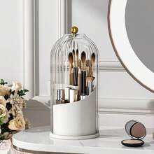 360° Rotating Makeup Brush & Toothbrush Organizer With Clear Dustproof Sliding Lid Multi-Grid Hidden Storage Box 3-Slot Varying Heights Waterproof Vanity Bathroom Countertop Holder Glass Dome Metal Base - trắng - Xem 4