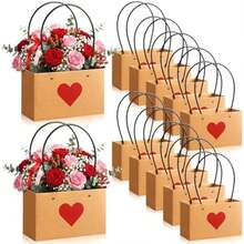 12 Pcs Valentines Kraft Paper Flower Gift Bags Brown Bouquet Bag Boxes With Handles Rectangle Flower Tote Bag With Waterproof Lining For Valentine's Day Mother's Day Birthday Wedding Parties Variant 1 - 12 - 查看 1