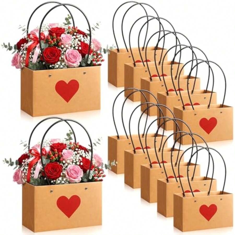 12 Pcs Valentines Kraft Paper Flower Gift Bags Brown Bouquet Bag Boxes With Handles Rectangle Flower Tote Bag With Waterproof Lining For Valentine's Day Mother's Day Birthday Wedding Parties Variant 1 - 12 - 查看 1