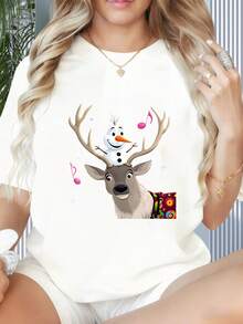 Frozen Olaf And Reindeer Christmas T Shirt Women Casual Cartoon Print Top Summer Outfit WhiteDisney Print Women's Crew-Neck Short-Sleeved T-Shirt, Suitable For Parties, Sports Activities, Festival Gatherings, Outdoor Activities, Sports And Other Holiday Gifts (22) - Blanc - Voir 4