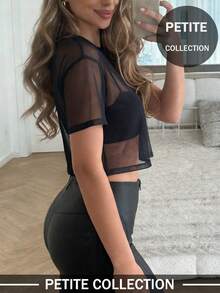 女士黑色纯色休闲简约露脐薄纱罩衫，适合日常外出、度假、音乐节及其他场合。