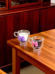 1个/4个装 180毫升双层玻璃杯，带把手，手工制作，厚玻璃，蝴蝶结装饰，可叠放，保温，适用于意式浓缩咖啡、卡布奇诺、茶和冷热饮品，独特的情人节和生日礼物 - 彩色 - 查看 1