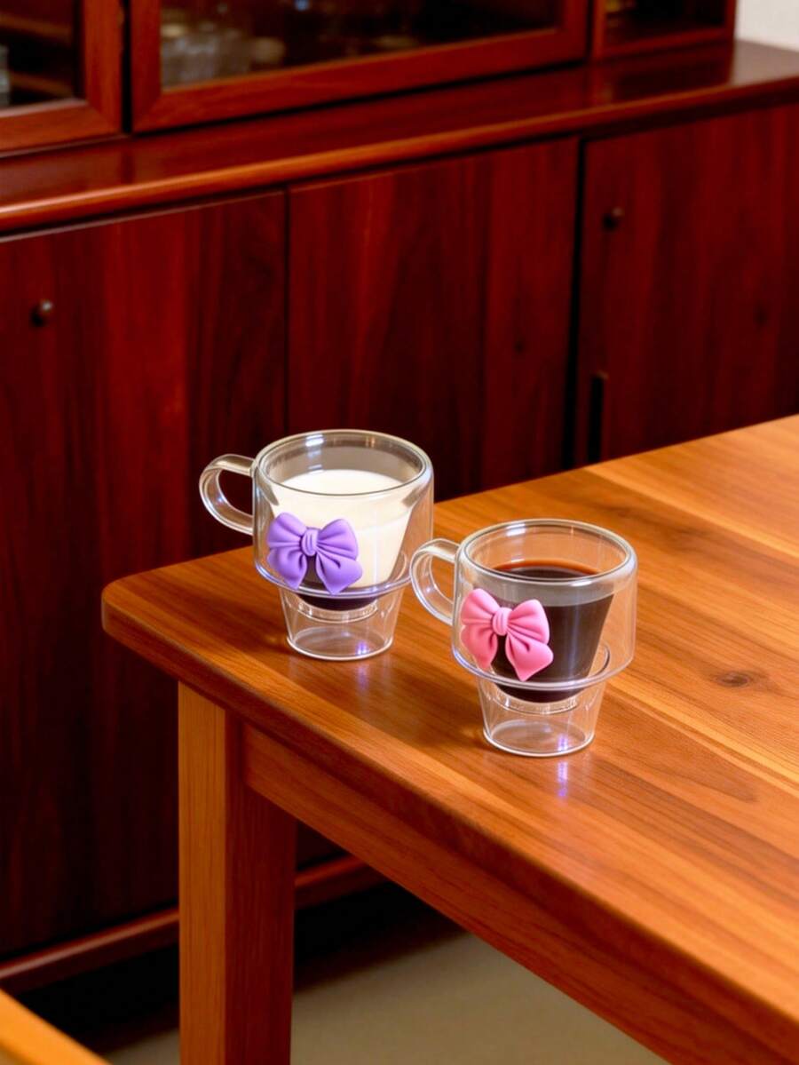 1个/4个装 180毫升双层玻璃杯，带把手，手工制作，厚玻璃，蝴蝶结装饰，可叠放，保温，适用于意式浓缩咖啡、卡布奇诺、茶和冷热饮品，独特的情人节和生日礼物 - 彩色 - 查看 1