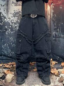 1 chiếc quần jean nam phong cách thành thị cổ điển, chất liệu denim rách, dáng rộng, nhiều túi, thích hợp mặc thường ngày, nhiều size (không bao gồm thắt lưng và phụ kiện) - màu đen - Xem 3