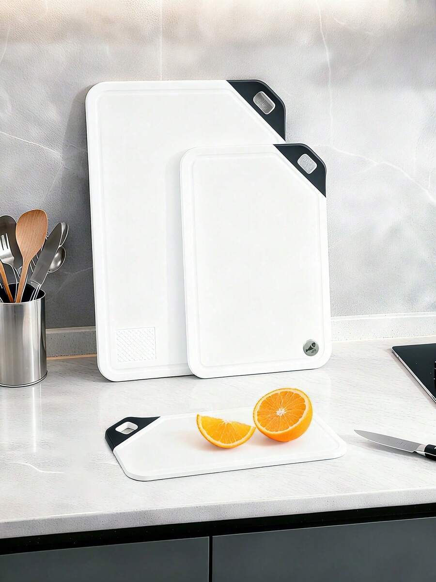 3pcs Kitchen Cutting Board Set With Juice Groove, Plastic Chopping Board Assorted Sizes, Non-Slip Handle, Double-Sided Design, Suitable For Cooking And Camping, Dishwasher - White - View 1
