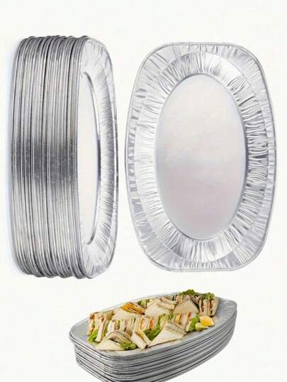 10pcs Silver Oval Aluminum Foil Baking Trays, Suitable For Air Fryer, Grill, Oven, BBQ, All Season Use, Air Fryer Accessories, Easy Clean Tray, Multi-Purpose Cooking Tray, Small/Medium/Large Size, For Heating, Storage, Outdoor BBQ, Birthday Party, Wedding, Takeout Events, Practical Gift For Family And Friends