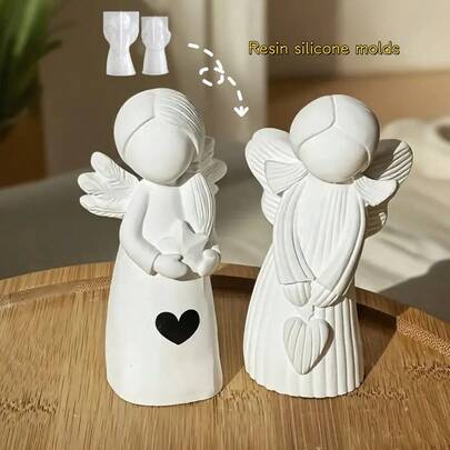 2件套DIY粘土模具天使女孩人偶模具，适用于制作树脂、石膏、蜡烛、香薰，可制作星星、心形等造型，适用于家居装饰、婚礼、情人节装饰，硅胶模具