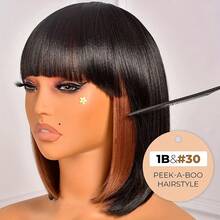 Peluca corta y recta con flequillo, de diseño elegante, de material de fibra resistente a altas temperaturas, en color negro y marrón mezclados, para mujeres - Multicolor - Ver 3