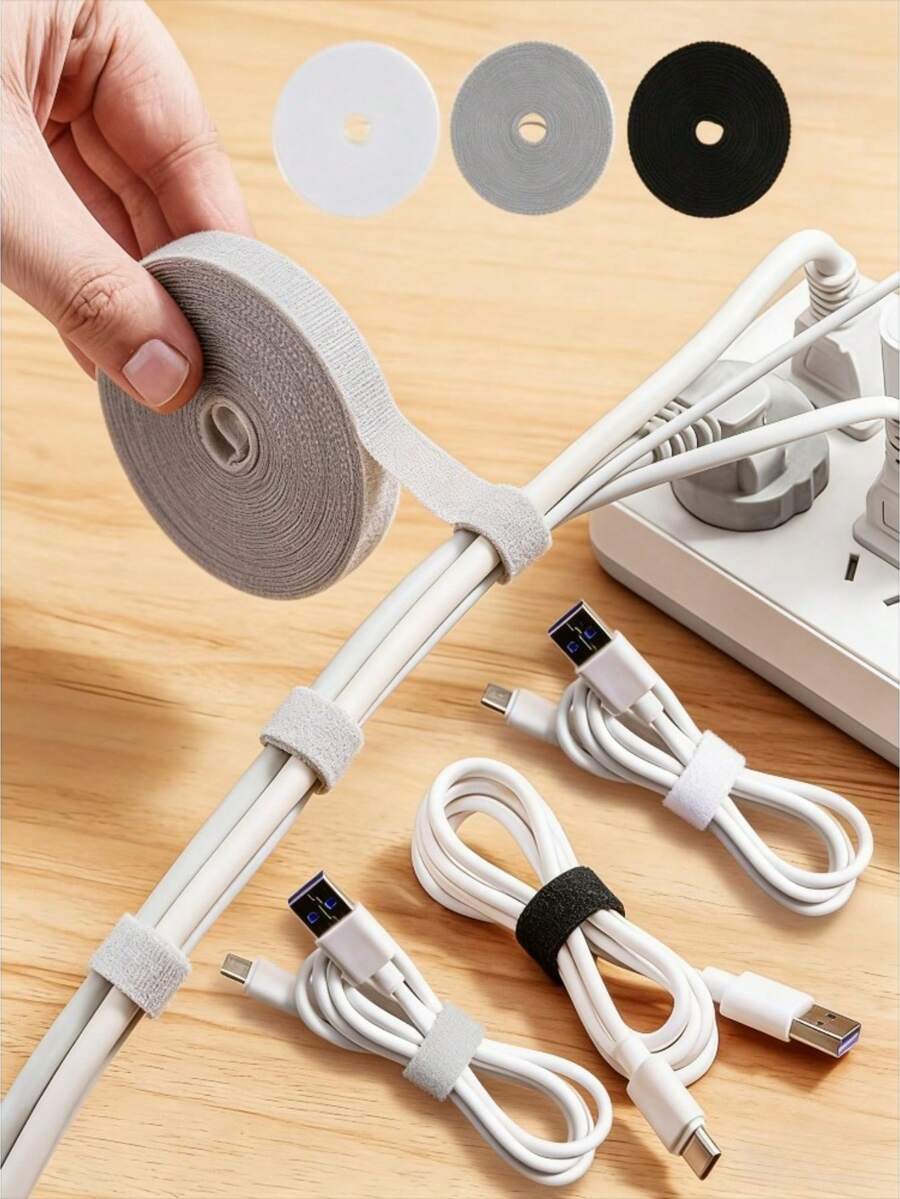 1 Roll/3 Rolls 1cm X 300cm/100cm Black/White/Gray Cable Organizer, Back-To-Back Hook And Loop Strap, Nylon Self-Adhesive Hook Tie Wrap, Cable Management, Multi-Purpose Binding Strap - Multicolor - View 1