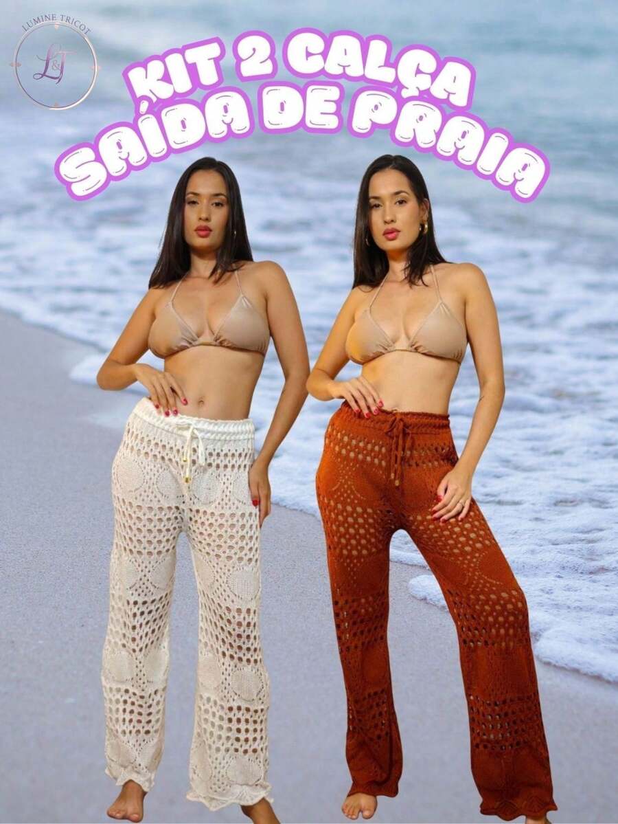 Kit 2 Calças Saída de Praia Tricot Crochê Pantalona Teladas Estilosa Moda Verão Confortavél