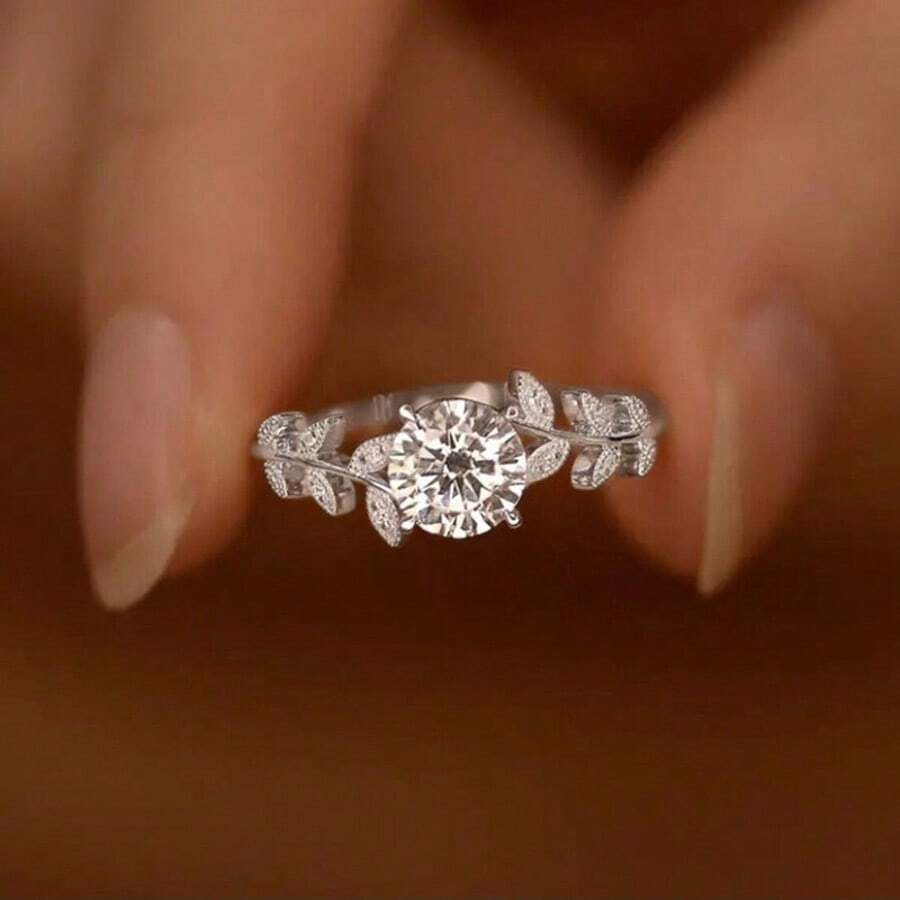 1 Anillo de flor de plata esterlina, anillo fresco y simple con imitación de rama de laurel Moissanite, anillo de flor para dama
