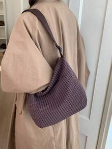 Korean & Japanese Style Plaid Print Fabric Women's Casual Versatile One Shoulder Bag, Front Double Pockets, Lightweight Foldable Zipper Closure Adjustable Long Strap, Suitable For Daily Use, School/College Students, Simple & Cute, Crossbody Bag For Shopping - Multicolor - View 6