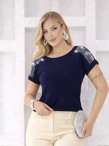 VISCOLYCRA BLOUSE WITH STRASS ON THE SHOULDER - Navy Blue - View 8