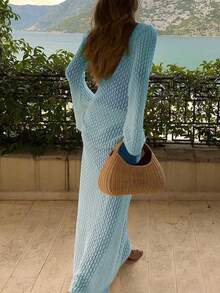 Crochet Deep V-Neck Women's Fashion Elegant Sexy Minimalist Solid Color Casual Knit Dress, Suitable For Beach, Music Festival, Wedding Season, Vacation Summer - Light Blue - View 9