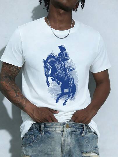 Camiseta de manga corta con cuello redondo, estampado de lema simple, gráfico bohemio de caballo, estampado animal, para verano