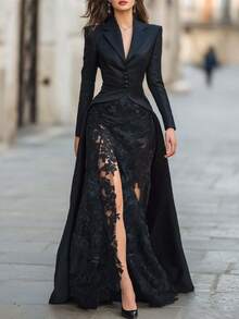 Women's Dress Heavy Industry Elegant Temperament Fresh Long Sleeve Right Angle Shoulder Button Lapel Deep V-Neck Suit Jacket Lace Embroidery Slit Sexy Dress - màu đen - Xem 2