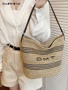 2026 New Summer Large Capacity Underarm Bag For Women, Fashion Vacation Straw Bag, Versatile Commuter One Shoulder Beach Crossbody Bucket Bag - Khaki - View 2