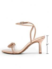 Women Double Bowknots High Heeled Sandal Open Square Toe Ankle Strap Rhinestone Decor Dress Shoes For Wedding Prom Festival Party - 香檳色 - 查看 5