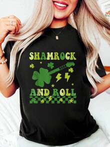 100% Cotton Shamrock And Roll St Patricks Day Retro Groovy Guitar Player T-Shirt Women's Men's Graphic Tee Comfort Crew Neck Summer Vacation Tops - màu đen - Xem 1