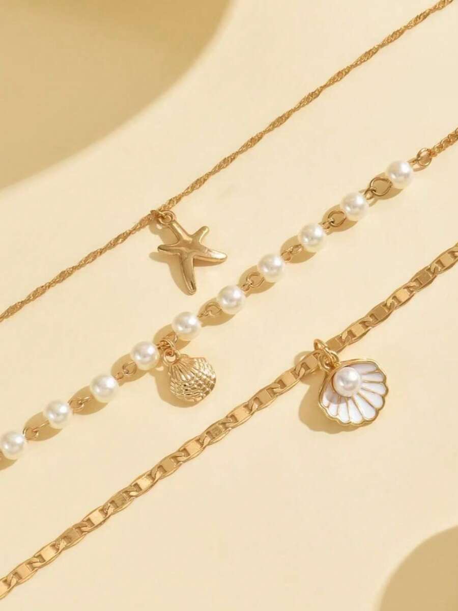 Beach Style Starfish Shell Pendant Necklace Set Women's Pearl Layered Gold Chain Jewelry - Gold - View 1