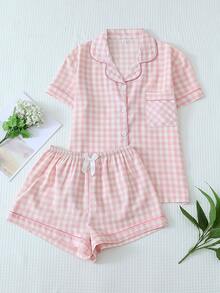 两件套格子印花睡衣套装，甜美可爱翻领纽扣上衣和蝴蝶结短裤，女士睡衣和家居服 - 粉色 - 查看 1