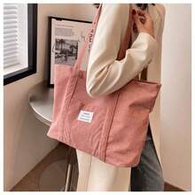 Large Capacity Solid Color Simple Corduroy Tote Bag, Tote Bags For Students, Multiple Compartments, Perfect For Beach, School, Work & Daily Use, Literary School Bag For Teens, Book Bag For Women Or Students, Perfect For Books, Shopping, Back To School And More, Perfectly Matching With Fall Outfits Women - 粉色 - 查看 9
