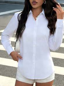 Women's Button Down Shirts Classic Fit Dress Shirt Work Business Casual Long Sleeve Blouse Tops - White - View 1
