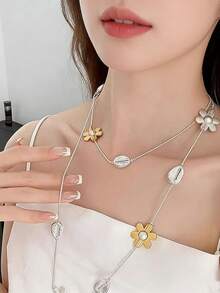 1pc Elegant High-End Unique Retro Fashionable Personalized Faux Pearl Flower Shell Beaded Long Necklace, Versatile For Daily Wear And Festive Occasions