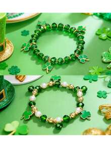 2pcs St. Patrick's Day Irish Festival Green Four-Leaf Clover Lucky Bracelet - Fresh And Cute Green Bracelet Suitable For Party Or Daily Wear - Unisex - Green - View 6