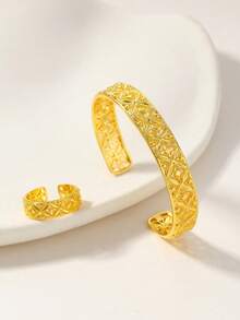 2pcs Fashionable Hollow Wheat Leaf Design Bracelet & Ring Set, Suitable For Daily Wear, Middle East Specific - Yellow Gold - View 13