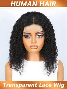 4*4蕾丝闭合假发，蓬松卷曲波波头蕾丝前额假发，预先拔毛，带婴儿发，透明蕾丝假发，适合女性日常佩戴，200%密度 - Natural Black - 查看 4