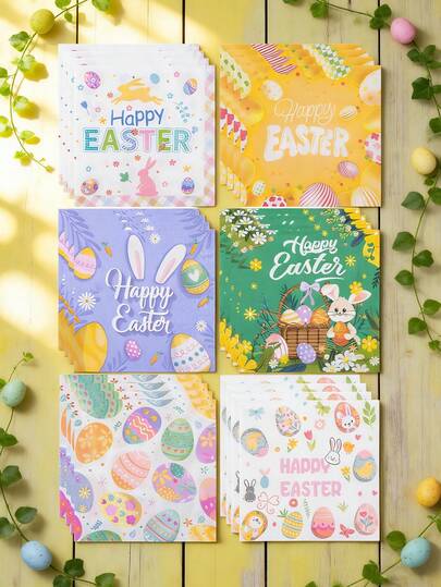 20pcs/Set Multi-Style Easter Napkins With Cute Egg & Rabbit Prints Smooth Texture Ideal For Easter Parties & Events