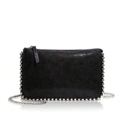 2025 New European & American Style Chain Decor Square Bag, Fashion Rivet & Pearl Accent Versatile Shoulder & Handbag