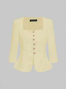 两件套魅力套装，法式优雅日常通勤商务精致复古风约会装：收腰七分袖方领上衣 + 直筒铅笔中长裙，精致通勤套装 - 淡黃色 - 查看 8