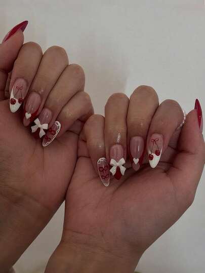 Y2K 心形亚克力美甲 24 片装 情人节樱桃蕾丝中号杏仁形按压式美甲贴片，法式蝴蝶结和心形 3D 立体假指甲套装，适合美甲沙龙、女孩和女士日常佩戴、节日送礼美甲配件