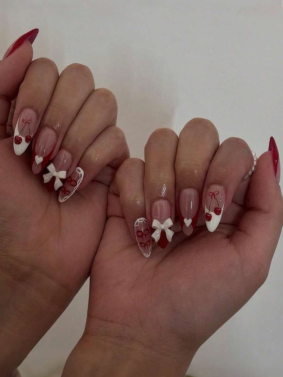 Y2K 心形亚克力美甲 24 片装 情人节樱桃蕾丝中号杏仁形按压式美甲贴片，法式蝴蝶结和心形 3D 立体假指甲套装，适合美甲沙龙、女孩和女士日常佩戴、节日送礼美甲配件 - 彩色 - 查看 1