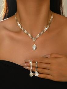3pcs/Set Silver Metal Rhinestone Necklace, Earrings And Bracelet Jewelry Set, Bridal Wedding Accessories - 1769 Gold Earrings and Necklace Set - View 7