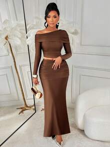 AIJ Amarilo Women's Off Shoulder Ruffle Trim Crop Top & High Waist Mermaid Maxi Skirt Two Pieces Set – Elegant Wedding Guest Attire, Perfect For Valentine's Day Date Nights, Dinner Parties, Casual Outings & Vacations Spring - Brown - View 3