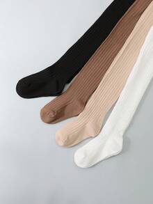 4 Pairs Girls Thick Stripe & Solid Color Leggings, All-Match Colors For Daily Matching, Suitable For Girls In Spring, Autumn And All Seasons - Multicolor - View 7