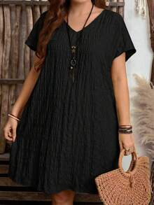 Plus Size Women Loose Casual V-Neck Ruffle Short Sleeve Dress Black Summer Elegant - Black - View 4