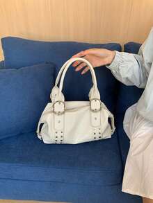 1pc White Women's Handbag, Vintage Punk Rivet Street Style Tote Bag, Large Capacity Metal Ring Fashion High-End Motorcycle Shoulder Bag, Suitable For Commuting, Dating, Daily Matching, Suitable For Career Women, College Students, Fashion Enthusiasts - White - View 6