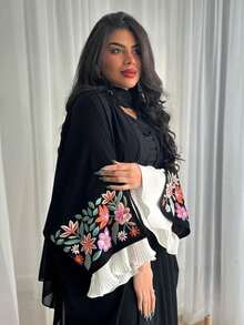 Women's Floral Embroidery Pattern Casual Versatile Daily Wear Abaya - Black - View 2